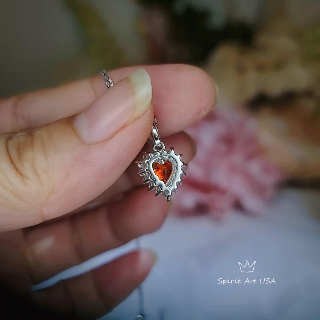 Tiny Sunstone Heart Necklace - Sterling Silver Tangerine Sapphire Spessartite Garnet Necklace Minimalist Orange Heart Pendant 024