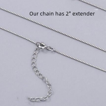 a silver chain with a clasp and a text overlay indicating that the chain has a 2-inch extender.
