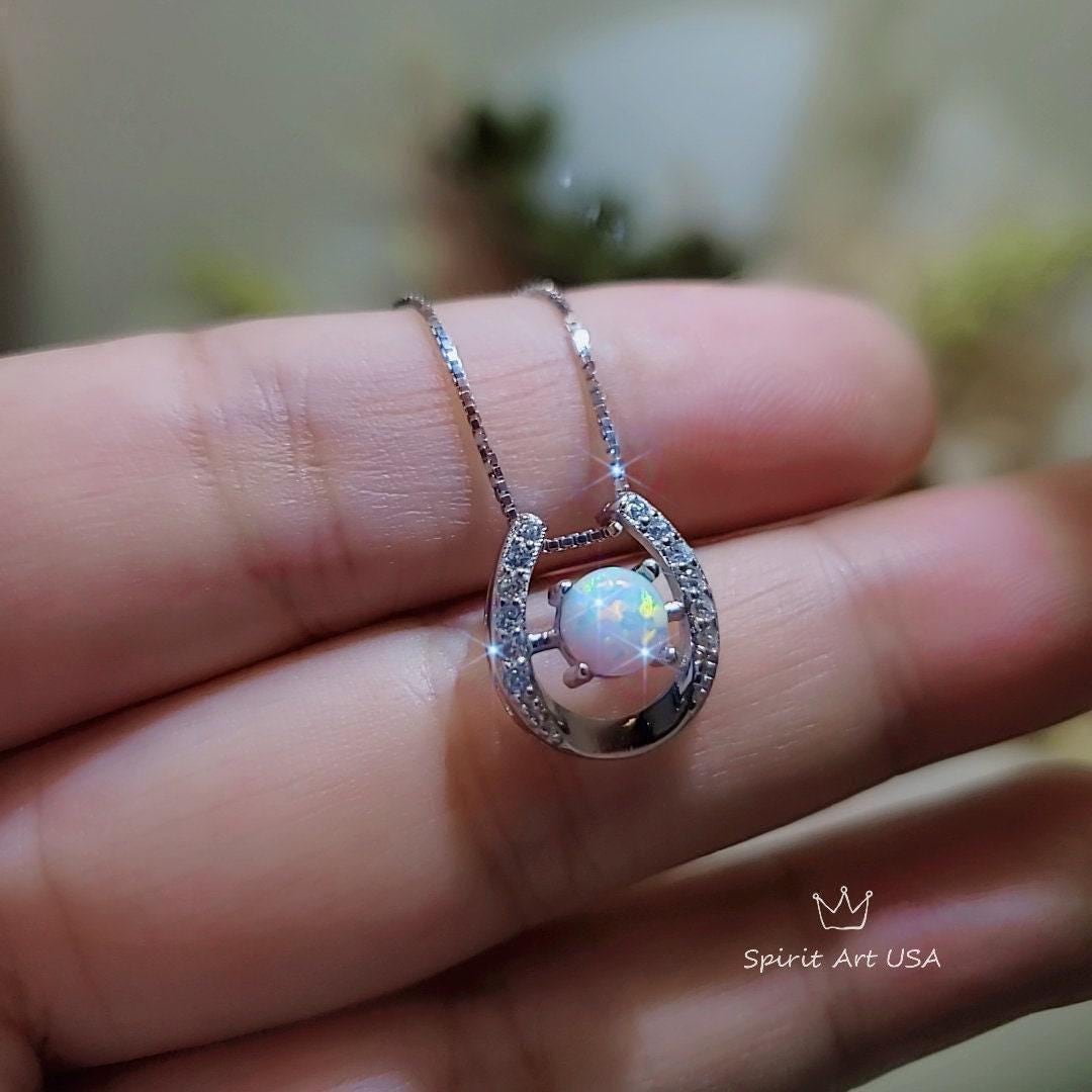 White Opal Horseshoe Necklace Sterling Silver Dainty Diamond Stone Opal Choker, Minimalist White Gold coated Opal Jewelry 1114