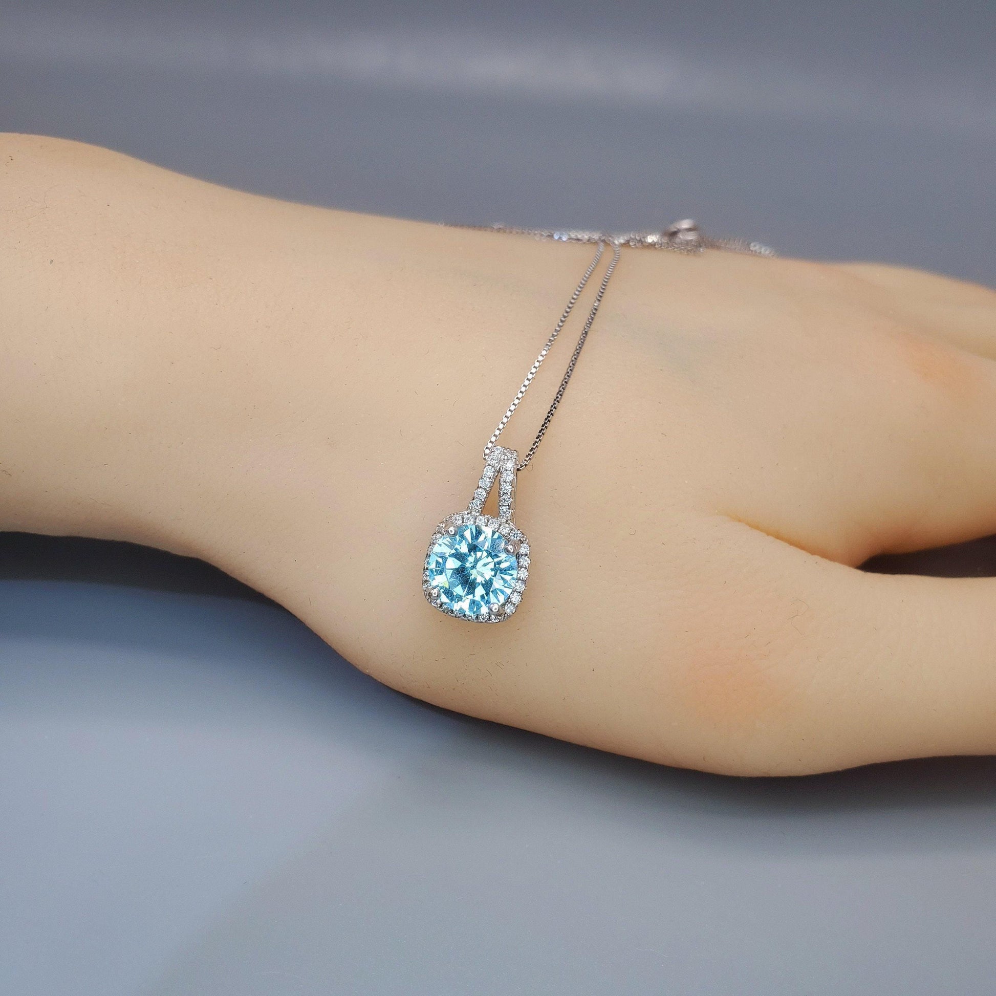 Tiny Square Blue Aquamarine Necklace Sterling Silver Cubic Zirconia Circle March Birthstone 051