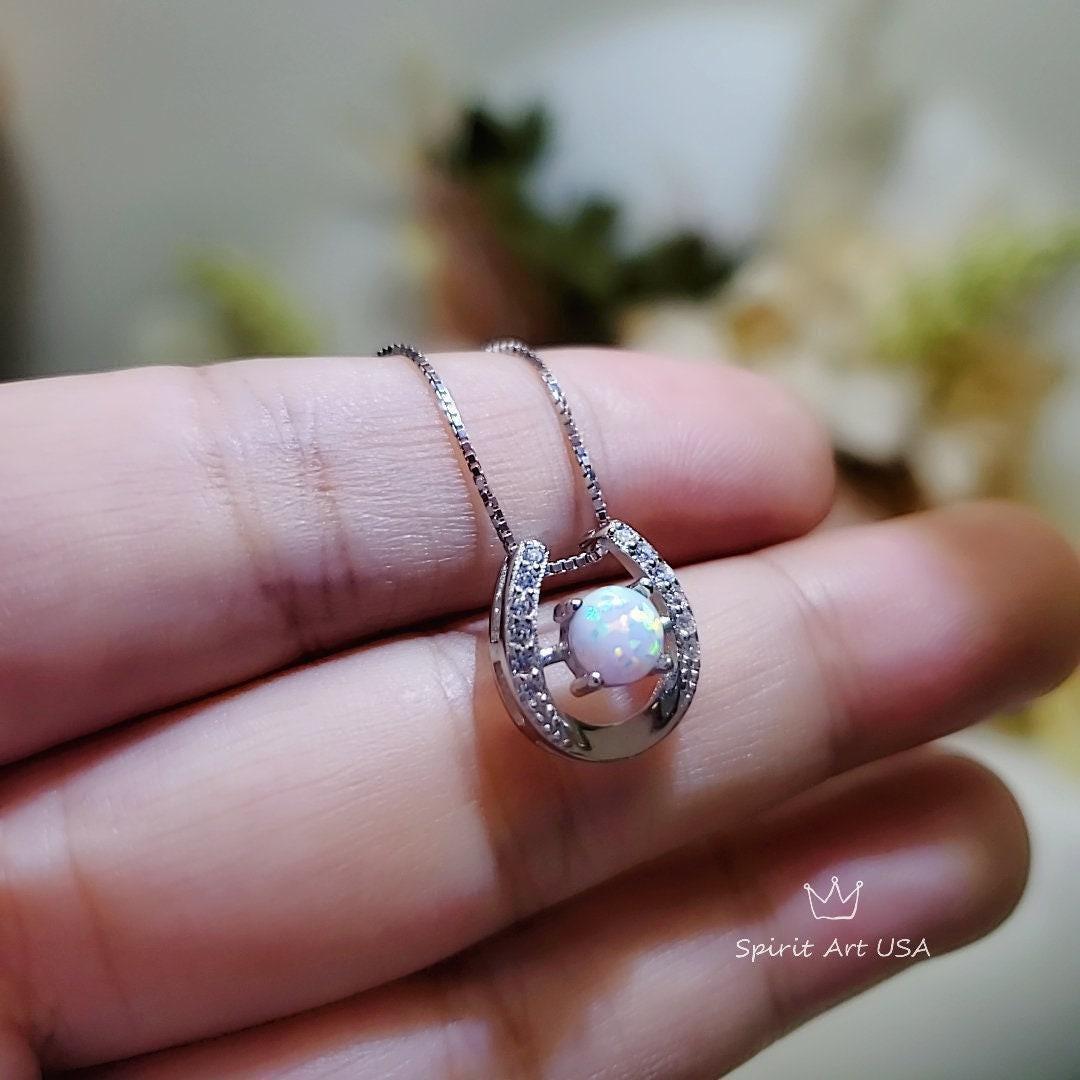 White Opal Horseshoe Necklace Sterling Silver Dainty Diamond Stone Opal Choker, Minimalist White Gold coated Opal Jewelry 1114