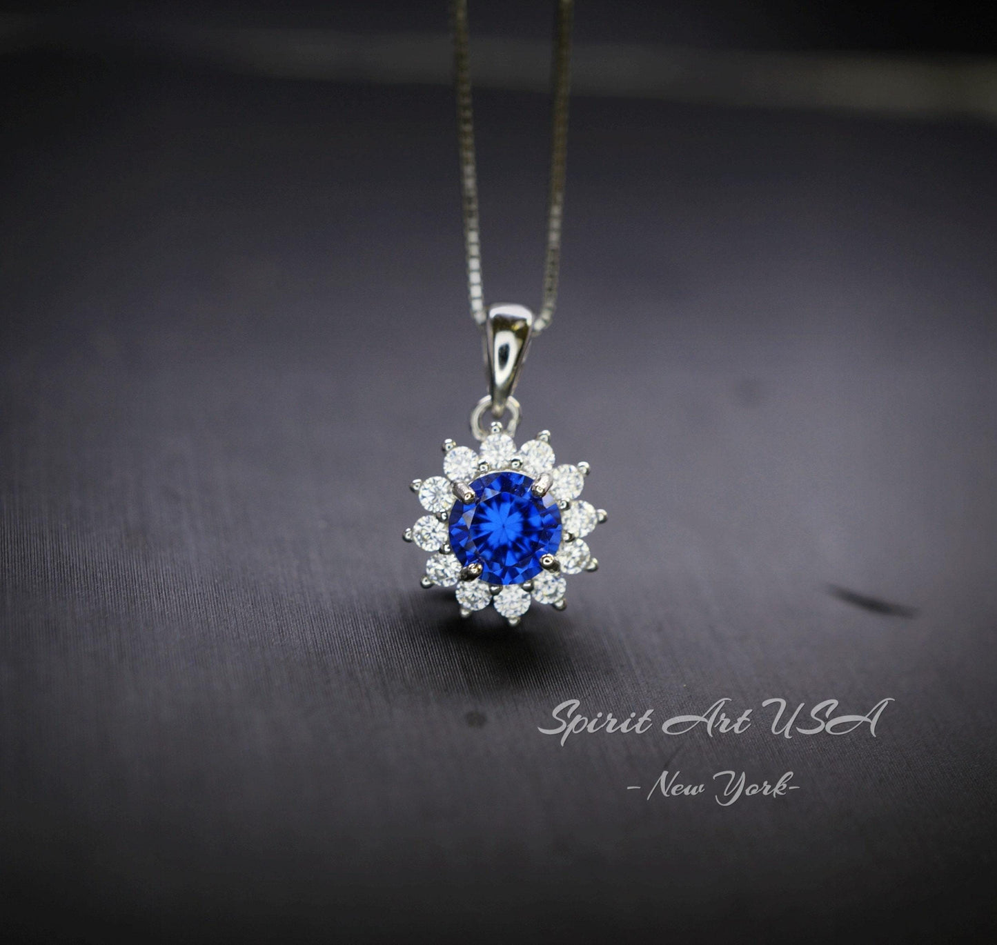 Minimalist Sapphire Necklace Diamond Sterling Silver Sunflower 6mm 0.85 CT Blue Gemstone September Birthstone 067