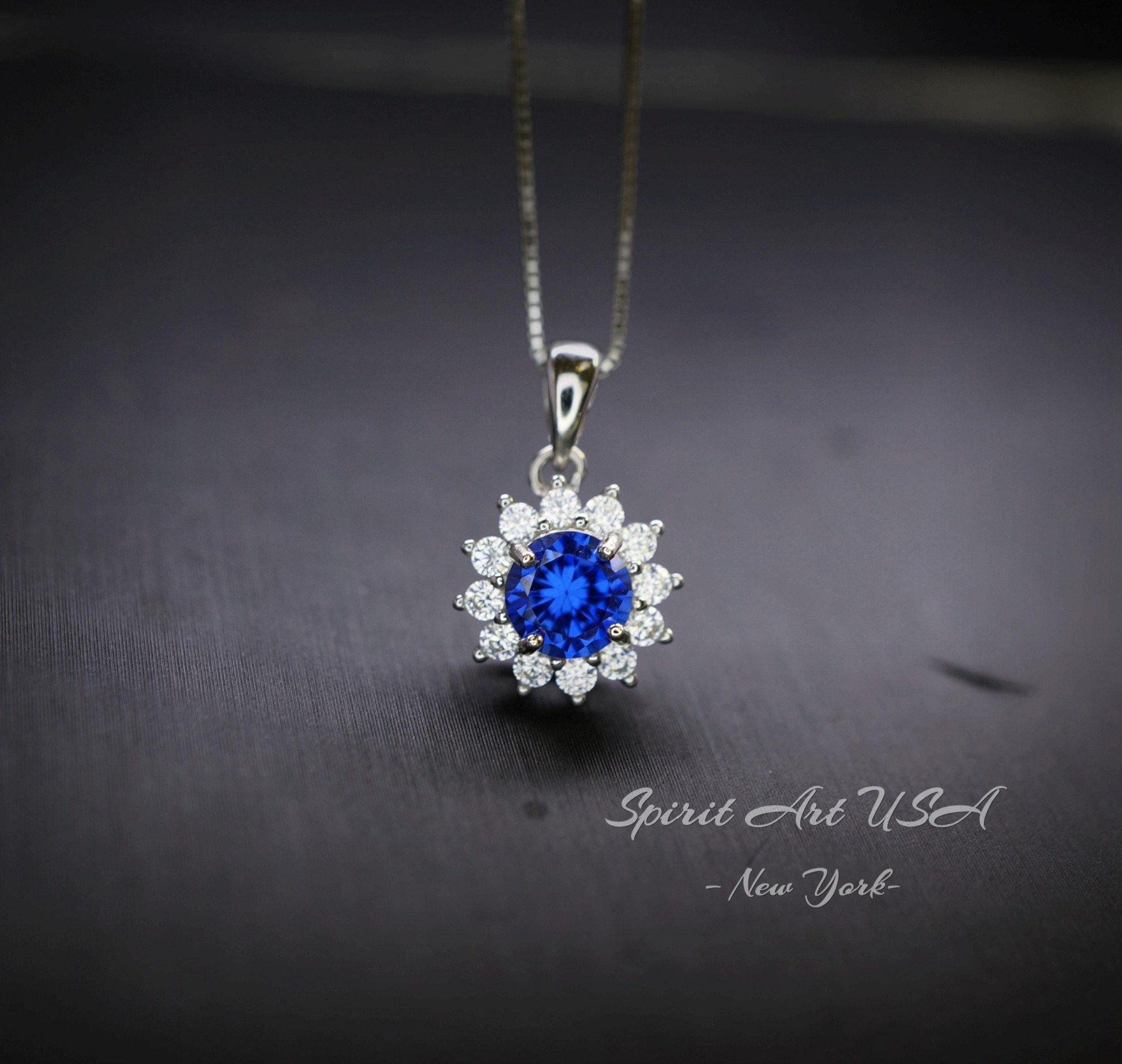 Minimalist Sapphire Necklace Diamond Sterling Silver Sunflower 6mm 0.85 CT Blue Gemstone September Birthstone 067