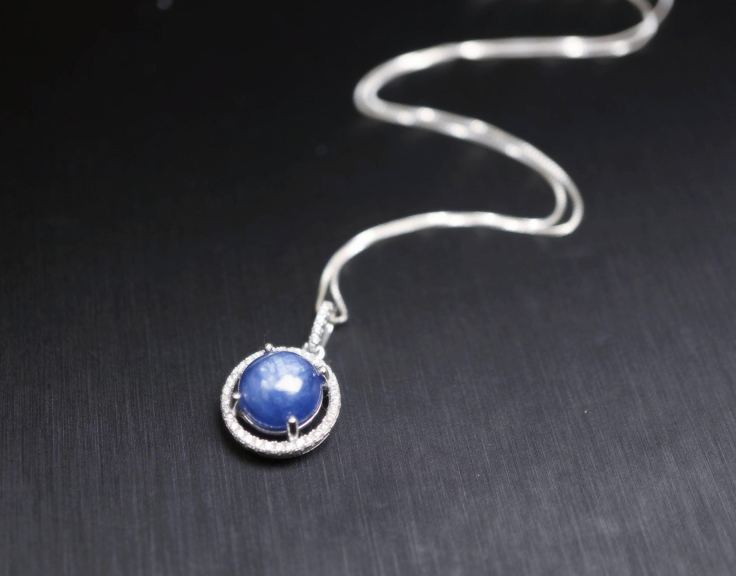 Blue Kyanite Necklace - Sterling Silver Kyanite Jewelry, Blue Kyanite Pendant - Round Crown Necklace 1111