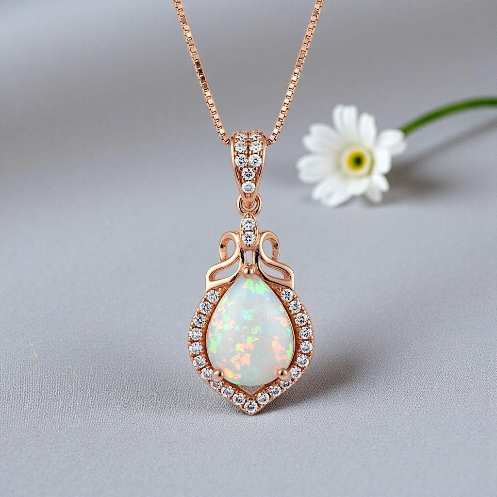 Rose Gold Fire Opal Necklace Sterling Silver Teardrop Tiny White Opal Pendant Solid 18kgp 074