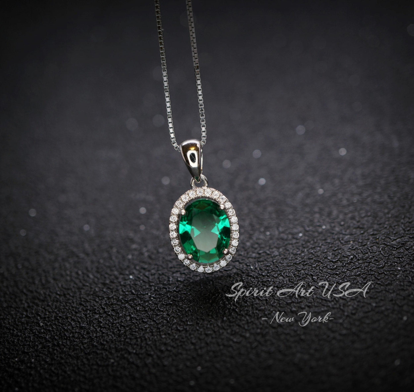 Classic Halo Emerald Necklace Sterling Silver Oval 2 CT Green Emerald Pendant Gemstone Solitaire May Birthstone Jewelry #117