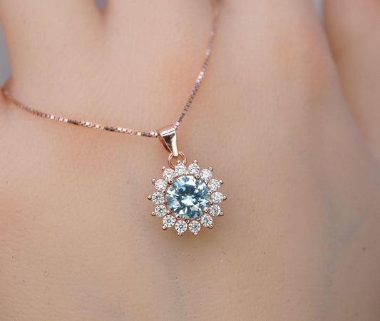 Aquamarine Necklace - Tiny Rose Gold Over Sterling Silver Halo Solitaire Blue Princess Diana Style - aquamarine Jewelry White gold option072