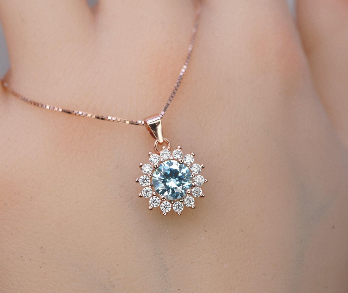 Aquamarine Necklace - Tiny Rose Gold Over Sterling Silver Halo Solitaire Blue Princess Diana Style - aquamarine Jewelry White gold option072