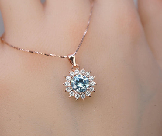 Aquamarine Necklace - Tiny Rose Gold Over Sterling Silver Halo Solitaire Blue Princess Diana Style - aquamarine Jewelry White gold option072