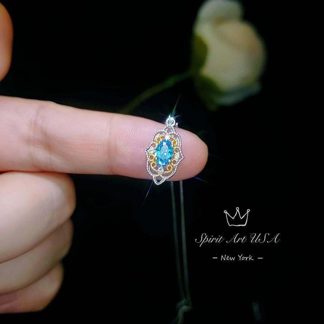 Blue Topaz Necklace - Gold-Plated Sterling Silver Blessing Hand Pendant - Minimalist Jewelry chain 113