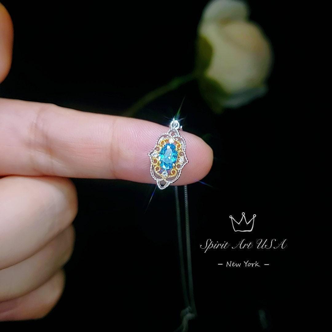 Blue Topaz Necklace - Gold-Plated Sterling Silver Blessing Hand Pendant - Minimalist Jewelry chain 113