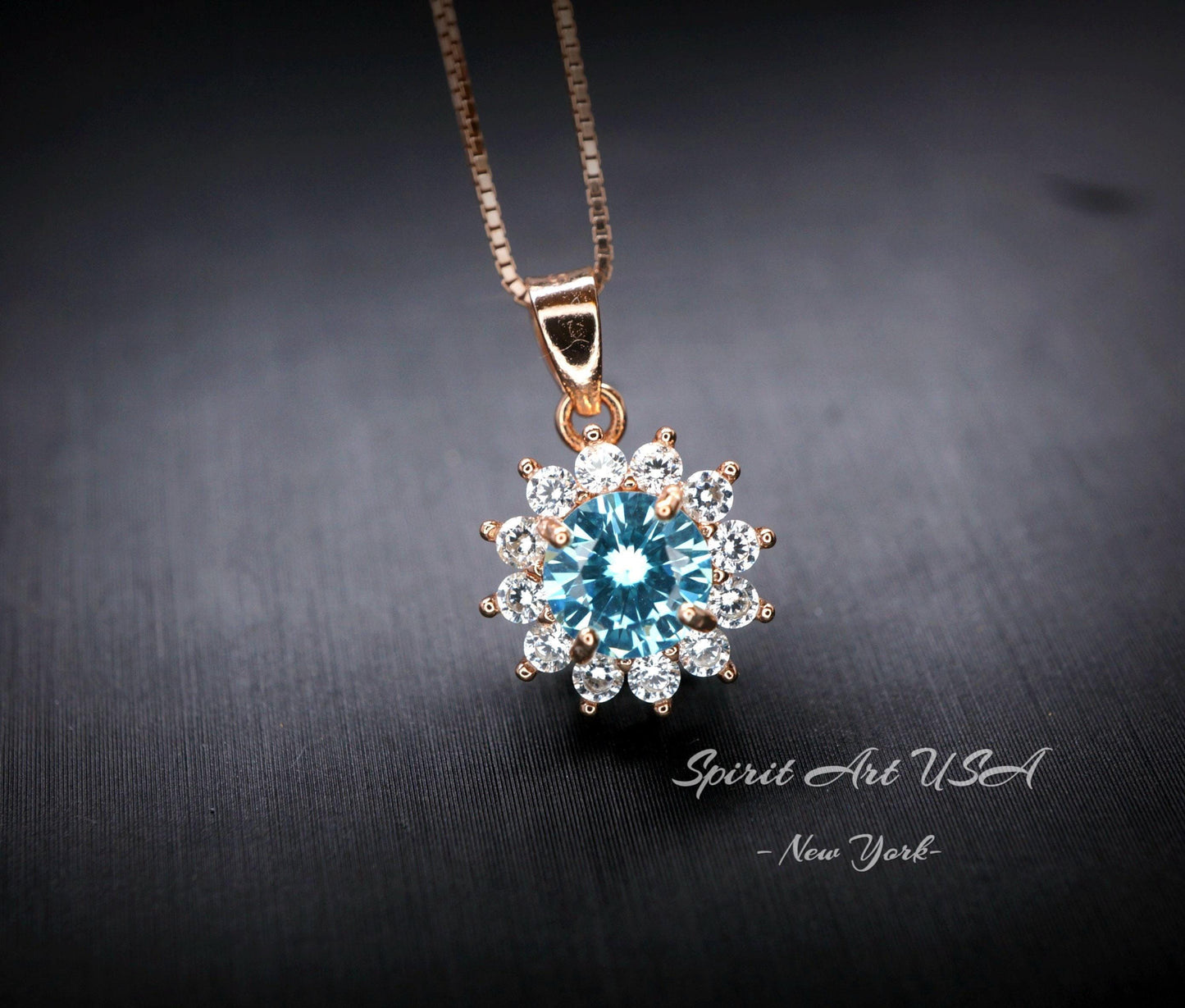 Aquamarine Necklace - Tiny Rose Gold Over Sterling Silver Halo Solitaire Blue Princess Diana Style - aquamarine Jewelry White gold option072