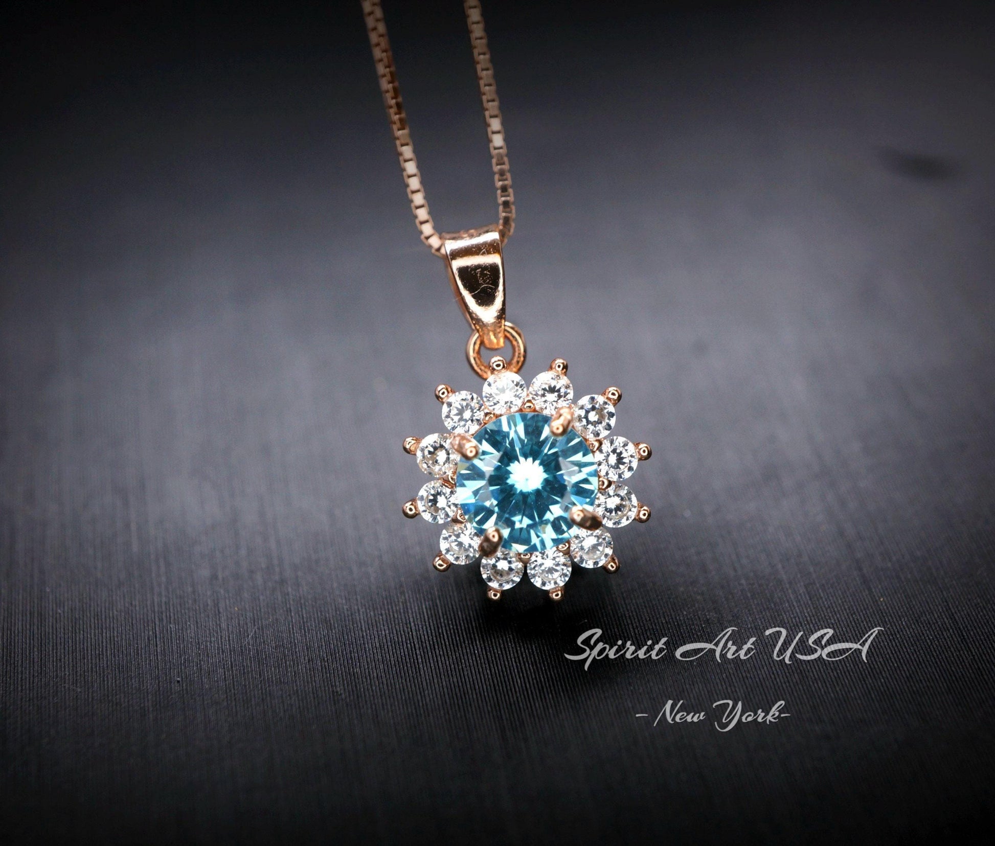 Aquamarine Necklace - Tiny Rose Gold Over Sterling Silver Halo Solitaire Blue Princess Diana Style - aquamarine Jewelry White gold option072