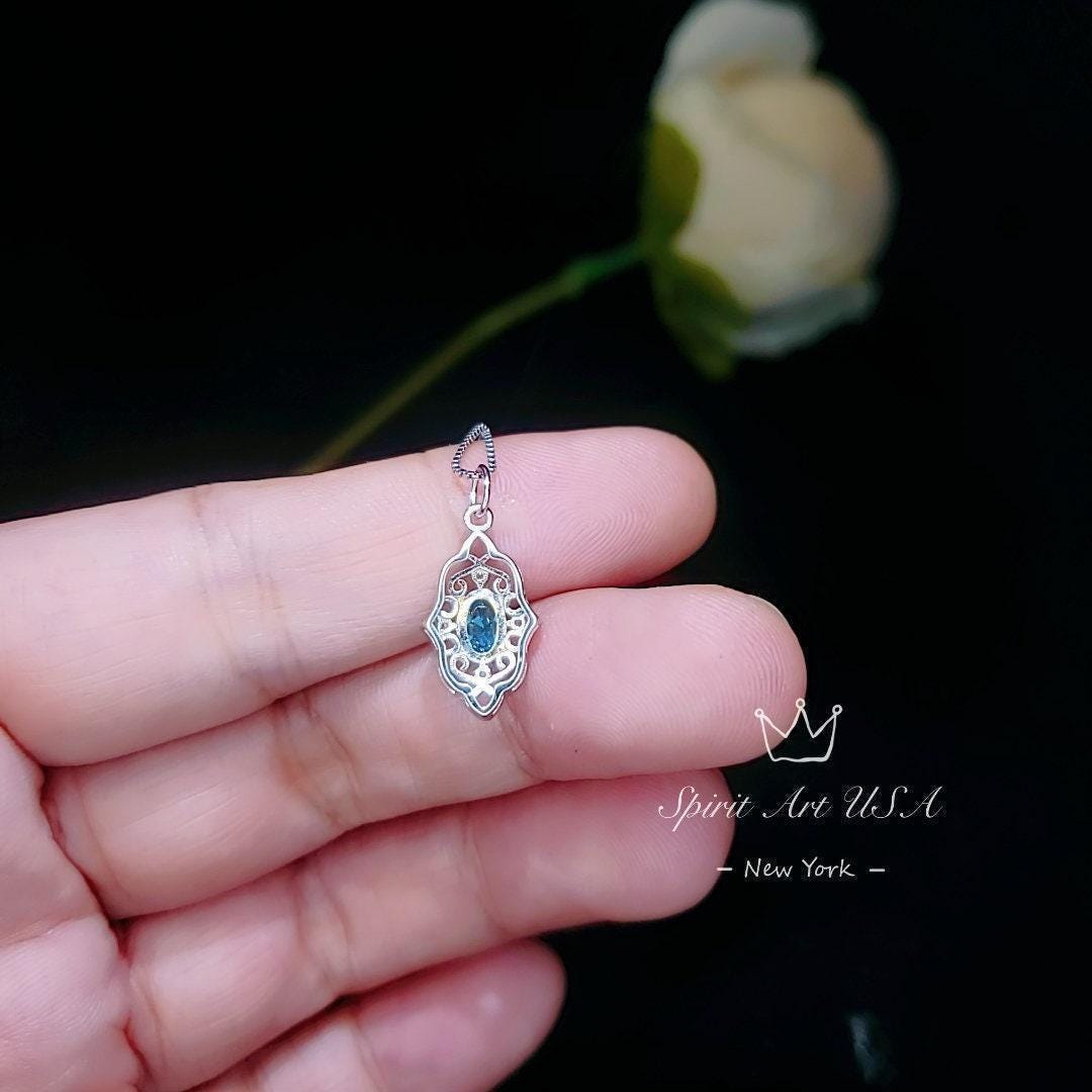 Blue Topaz Necklace - Gold-Plated Sterling Silver Blessing Hand Pendant - Minimalist Jewelry chain 113