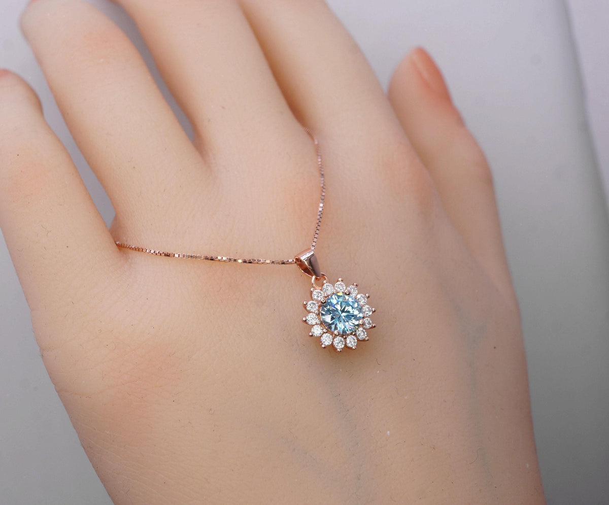 Aquamarine Necklace - Tiny Rose Gold Over Sterling Silver Halo Solitaire Blue Princess Diana Style - aquamarine Jewelry White gold option072