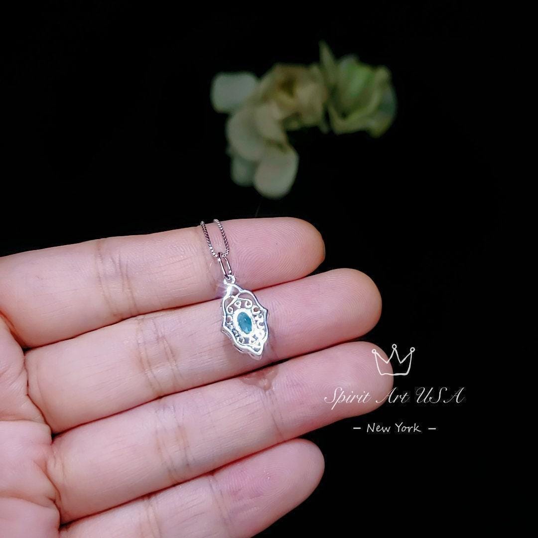 Tiny Thorn Apple Paraiba Necklace - Gold decorated Sterling Silver Minimalist Oval Blue Paraiba Pendant - Blessing Buddha Hand Jewelry #115