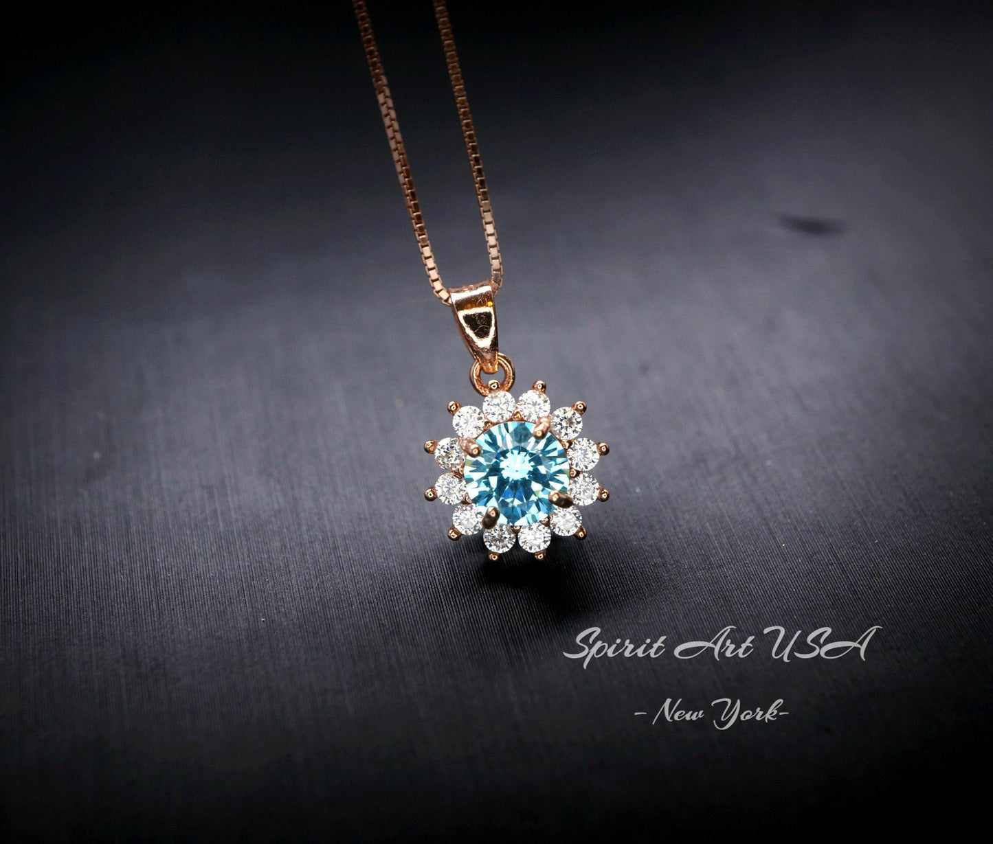 Aquamarine Necklace - Tiny Rose Gold Over Sterling Silver Halo Solitaire Blue Princess Diana Style - aquamarine Jewelry White gold option072