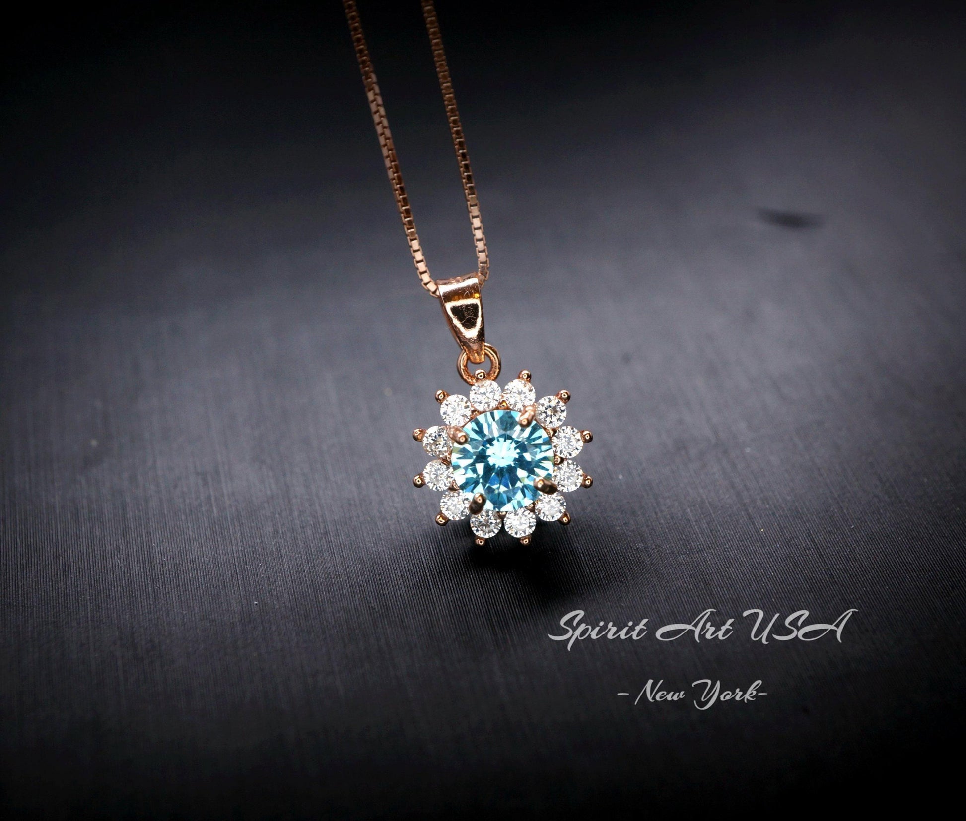 Aquamarine Necklace - Tiny Rose Gold Over Sterling Silver Halo Solitaire Blue Princess Diana Style - aquamarine Jewelry White gold option072
