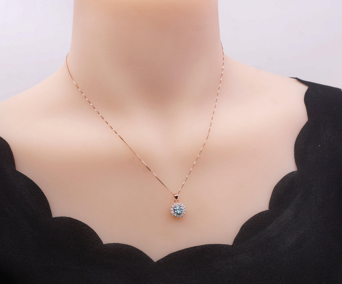 Aquamarine Necklace - Tiny Rose Gold Over Sterling Silver Halo Solitaire Blue Princess Diana Style - aquamarine Jewelry White gold option072