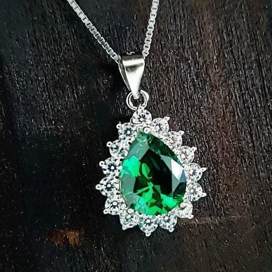 Teardrop Emerald Necklace Sterling Silver Gemstone Pear Halo White Gold Plated 2.5 CT Green Emerald Pendant jewelry #138