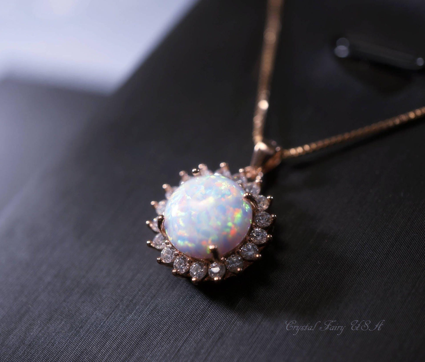 Rose Gold Opal Necklace Gemstone Halo Sunflower White Opal Pendant Sterling Silver Princess Diana Style Jewelry #209