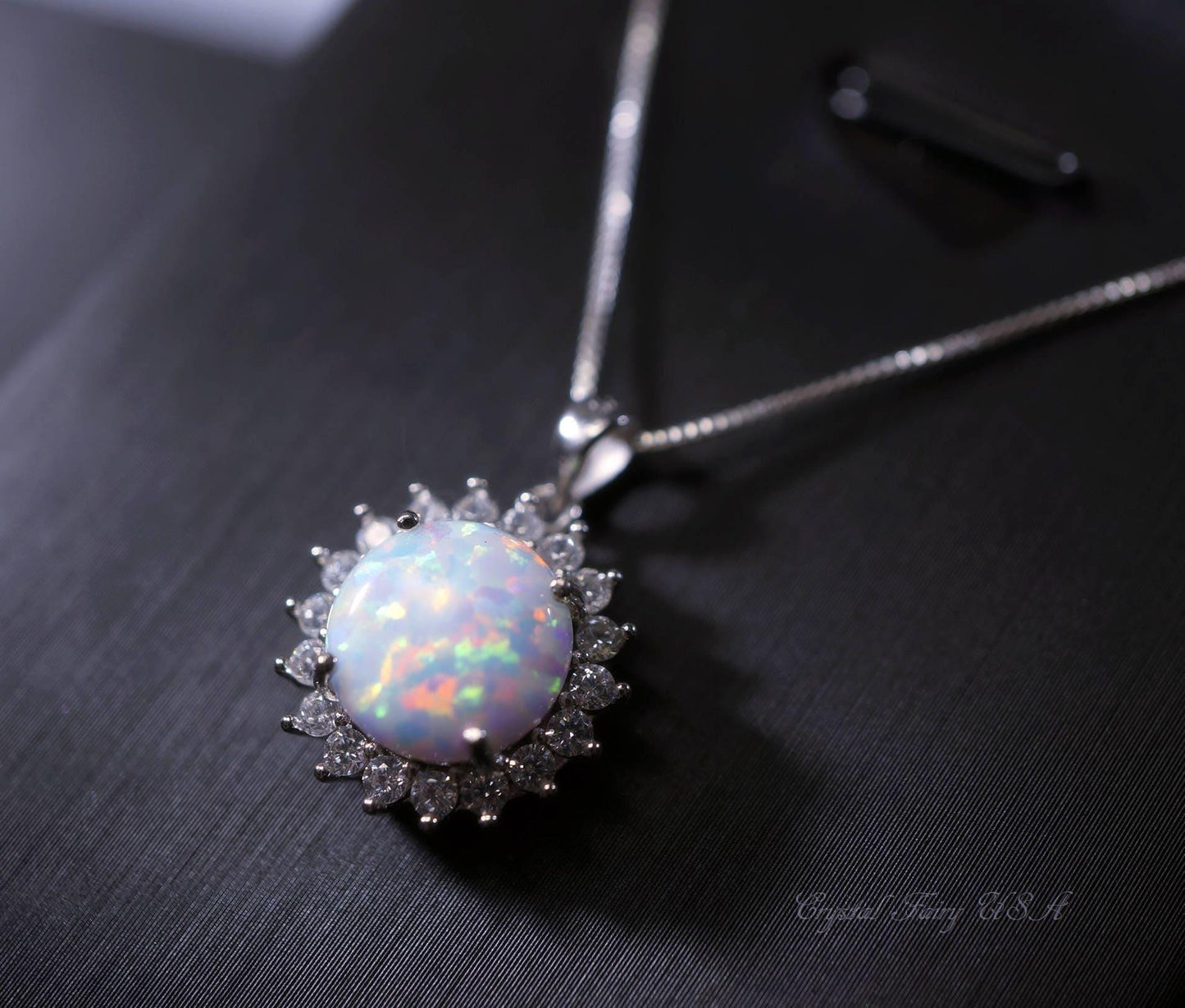 Rose Gold Opal Necklace Gemstone Halo Sunflower White Opal Pendant Sterling Silver Princess Diana Style Jewelry #209
