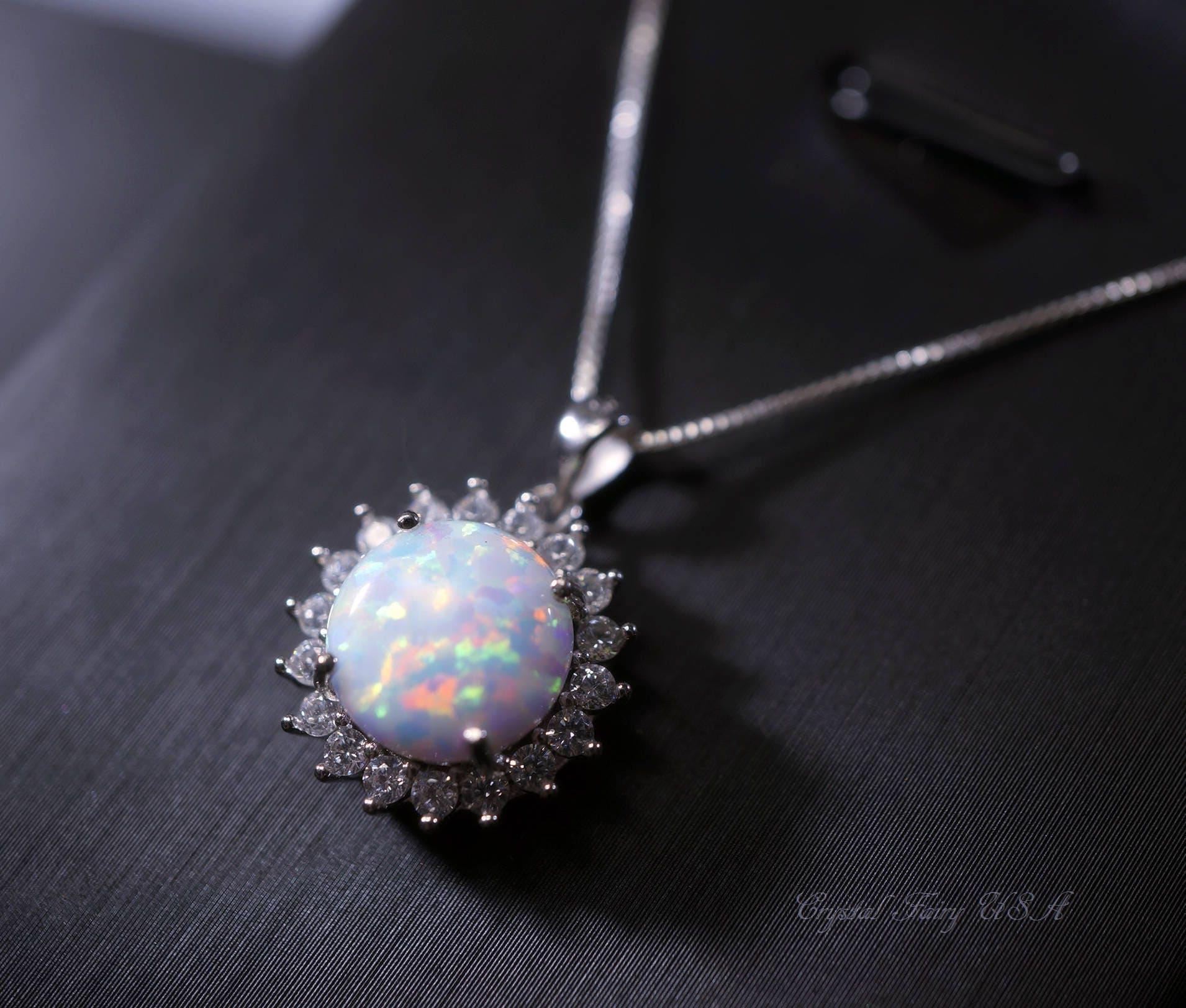 Rose Gold Opal Necklace Gemstone Halo Sunflower White Opal Pendant Sterling Silver Princess Diana Style Jewelry #209