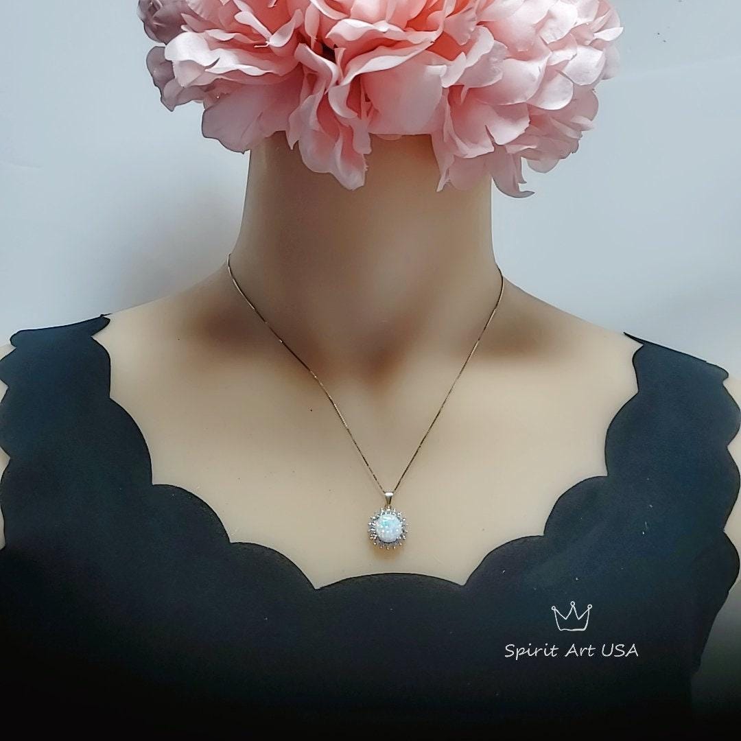 Rose Gold Opal Necklace Gemstone Halo Sunflower White Opal Pendant Sterling Silver Princess Diana Style Jewelry #209