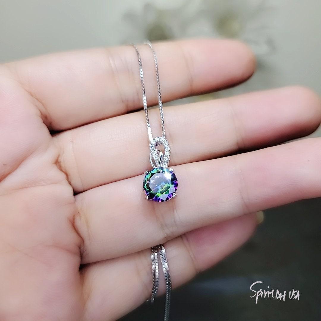 Round Mystic Topaz Necklace Sterling Silver 2 ct Round Sim Gemstone Rainbow Pendant 18k White Gold Coated Solitaire Halo Minimalist 094