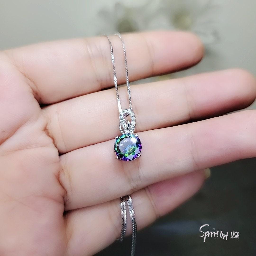 Round Mystic Topaz Necklace Sterling Silver 2 ct Round Sim Gemstone Rainbow Pendant 18k White Gold Coated Solitaire Halo Minimalist 094