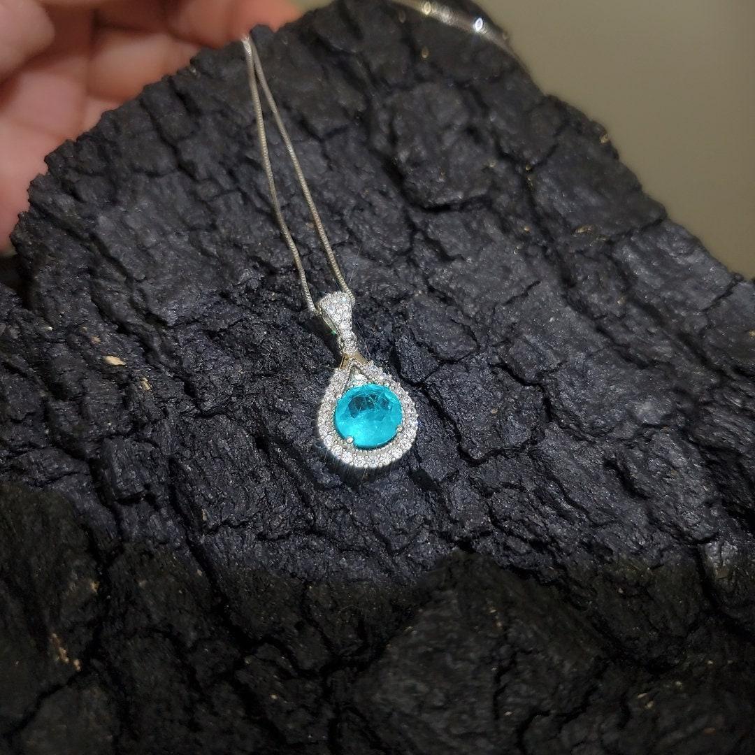Round Paraiba Necklace - 2 CT Created Blue Tourmaline Paraiba Teardrop Sterling Silver Pendant 092
