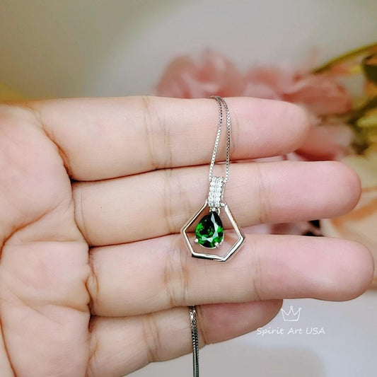 Geometric Green Emerald Necklace - Sterling Silver Triangle Gemstone Teardrop Emerald Pendant Tiny Minimalist Dynamic stone Jewelry #108