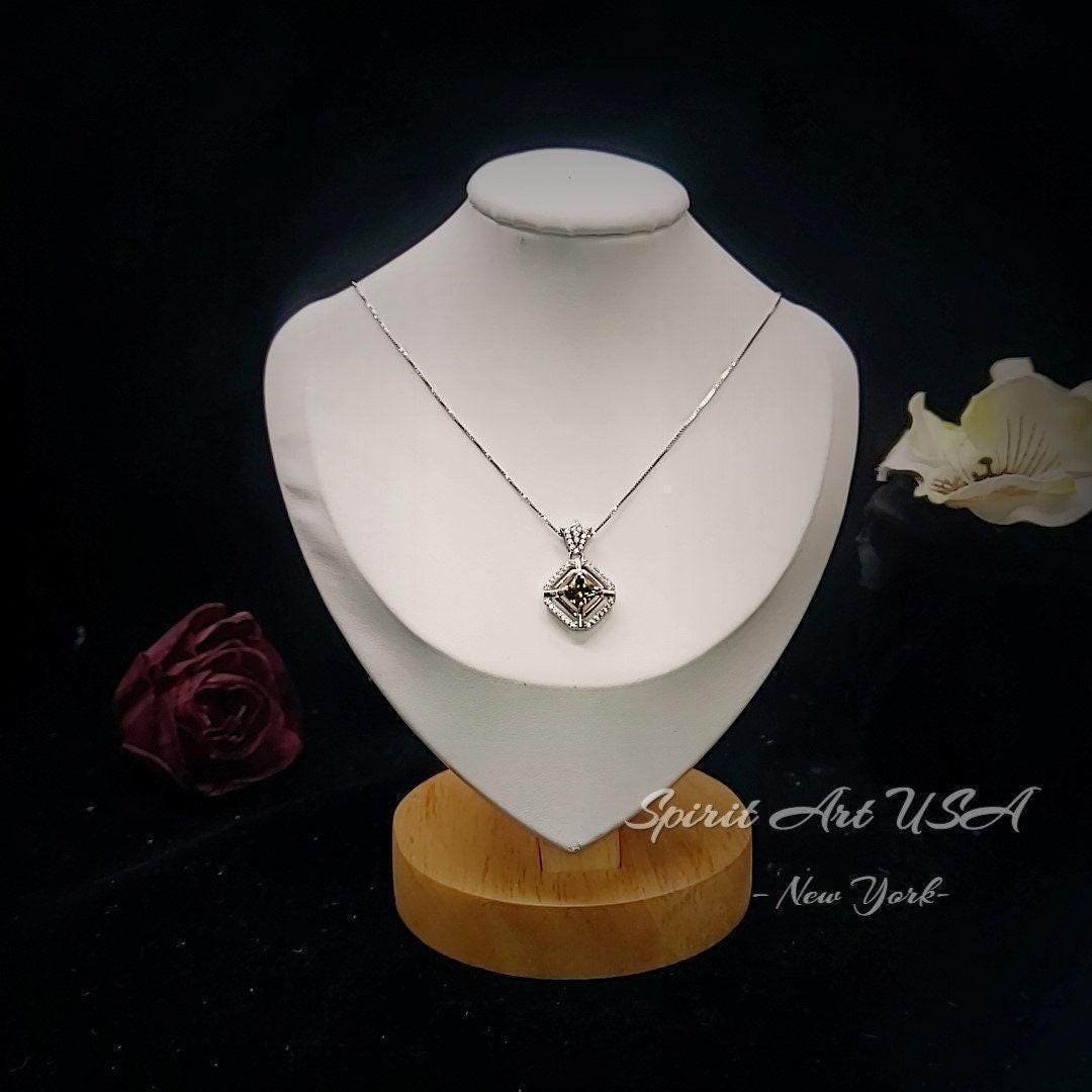 Genuine Square Peridot Necklace 18KGP @ Sterling Silver - Double Halo 0.9 CT Green Peridot Pendant Jewelry - August Birthstone #033