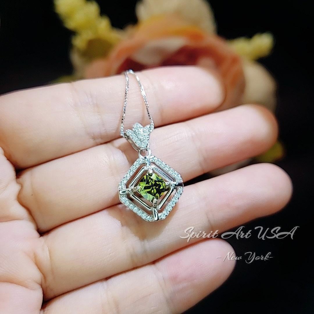 Genuine Square Peridot Necklace 18KGP @ Sterling Silver - Double Halo 0.9 CT Green Peridot Pendant Jewelry - August Birthstone #033