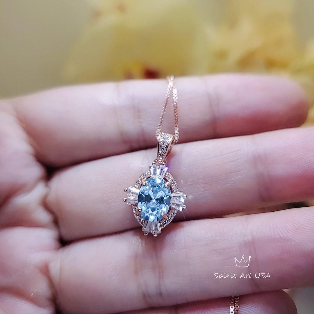 Tiny Aquamarine Necklace - Rose Gold 925 Sterling Silver Gemstone Halo Blue Aquamarine Pendant March Birthstone 076