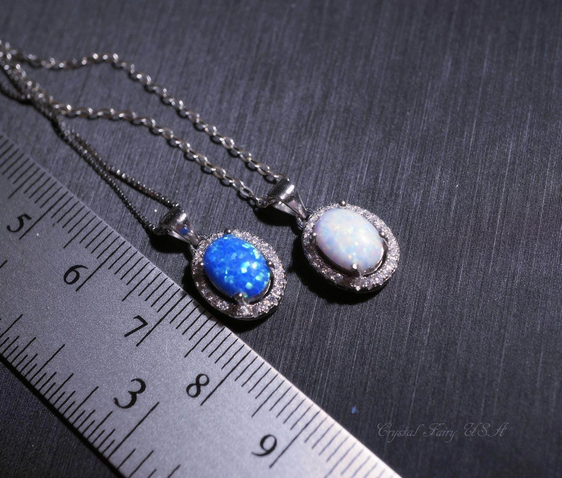 Blue Opal Necklace, sterling silver rainbow White Opal CZ Necklace, Solitaire Opal Box Chain Minimalist High Quality