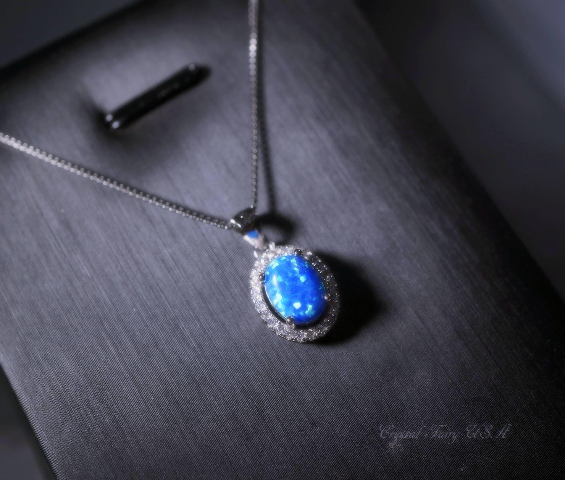 Blue Opal Necklace, sterling silver rainbow White Opal CZ Necklace, Solitaire Opal Box Chain Minimalist High Quality