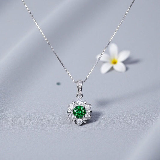 Green Diopside Flower Necklace, 925 Sterling Silver 18k Gold Plated, 5mm Round Gemstone Pendant, Dainty Minimalist Jewelry 1139