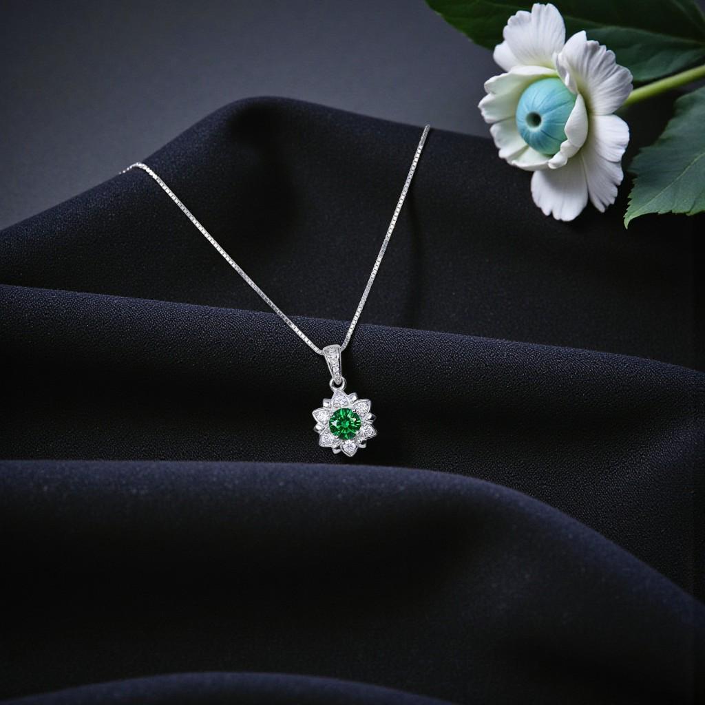Green Diopside Flower Necklace, 925 Sterling Silver 18k Gold Plated, 5mm Round Gemstone Pendant, Dainty Minimalist Jewelry 1139