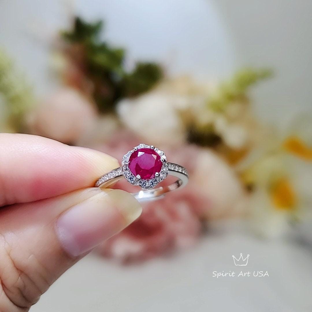 Tiny Ruby Flower Ring, Sterling Silver 0.85 CT, Red Ruby Ring, July Birthstone Gemstone Jewelry ring 1058