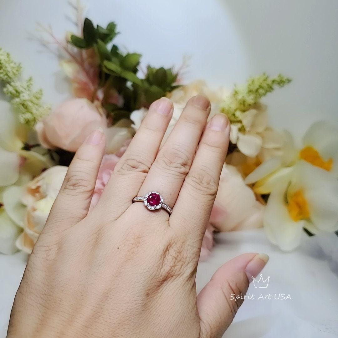 Tiny Ruby Flower Ring, Sterling Silver 0.85 CT, Red Ruby Ring, July Birthstone Gemstone Jewelry ring 1058