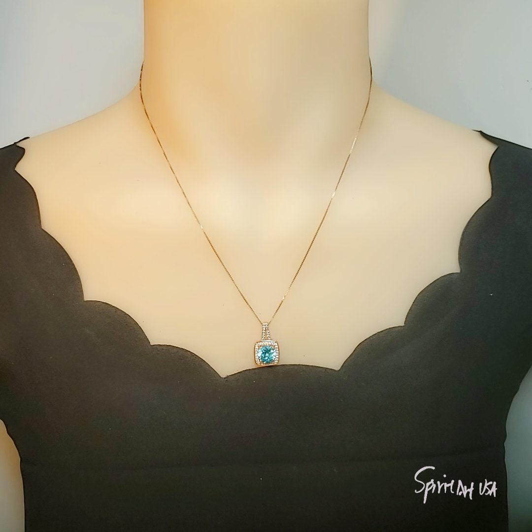 Round Aquamarine Necklace - Rose Gold Square Blue Stone Pendant - Solitaire 8 mm Blue Aquamarine Jewelry #140
