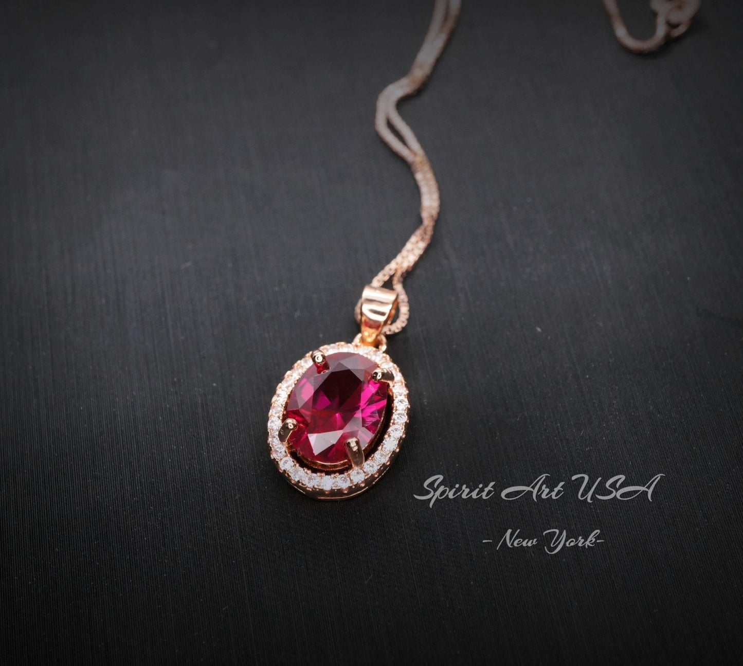 Solitaire Ruby Necklace, Rose Gold Sterling Silver Oval Red Ruby Jewelry - High Quality Gemstone Halo Ruby Pendant #129