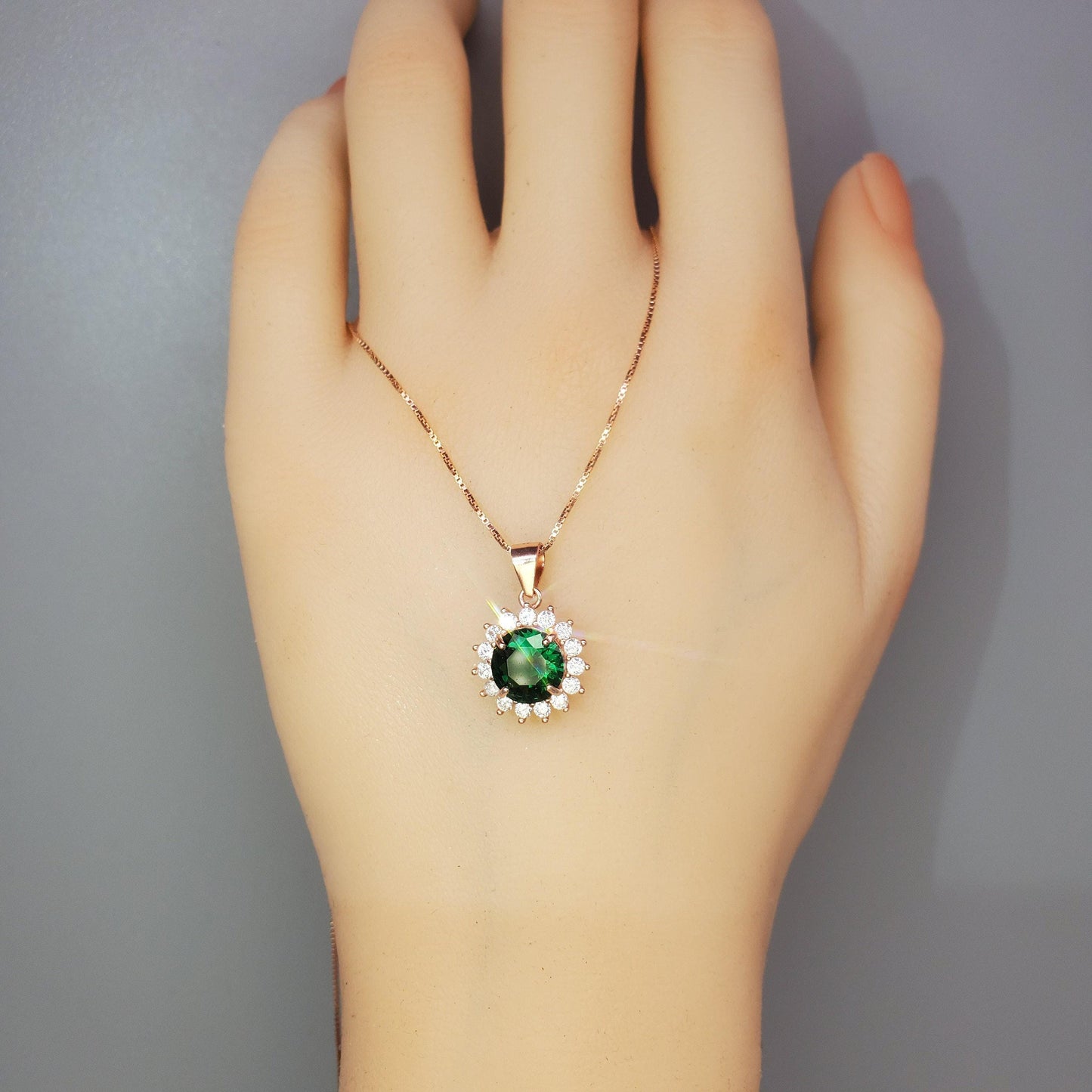 Rose Gold Coated 925 Sterling Silver Round 8mm 2 Ct Emerald Necklace - Princess Diana Halo Solitaire May Birthstone Emerald Pendant #145