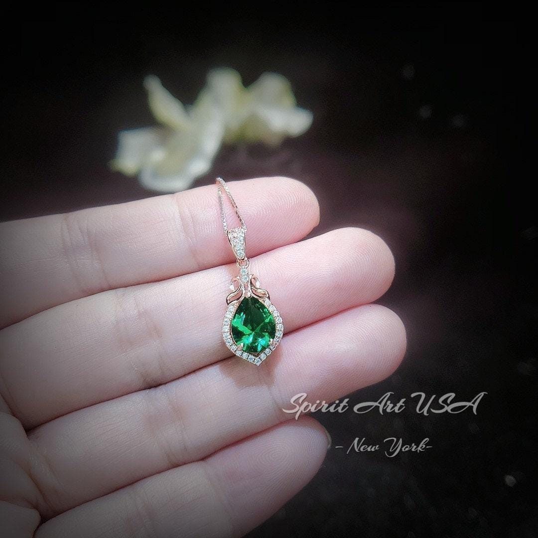 Dainty Emerald Necklace - Rose Gold coated Sterling Silver - Lab Created Green Emerald Pendant - May Birthstone #187