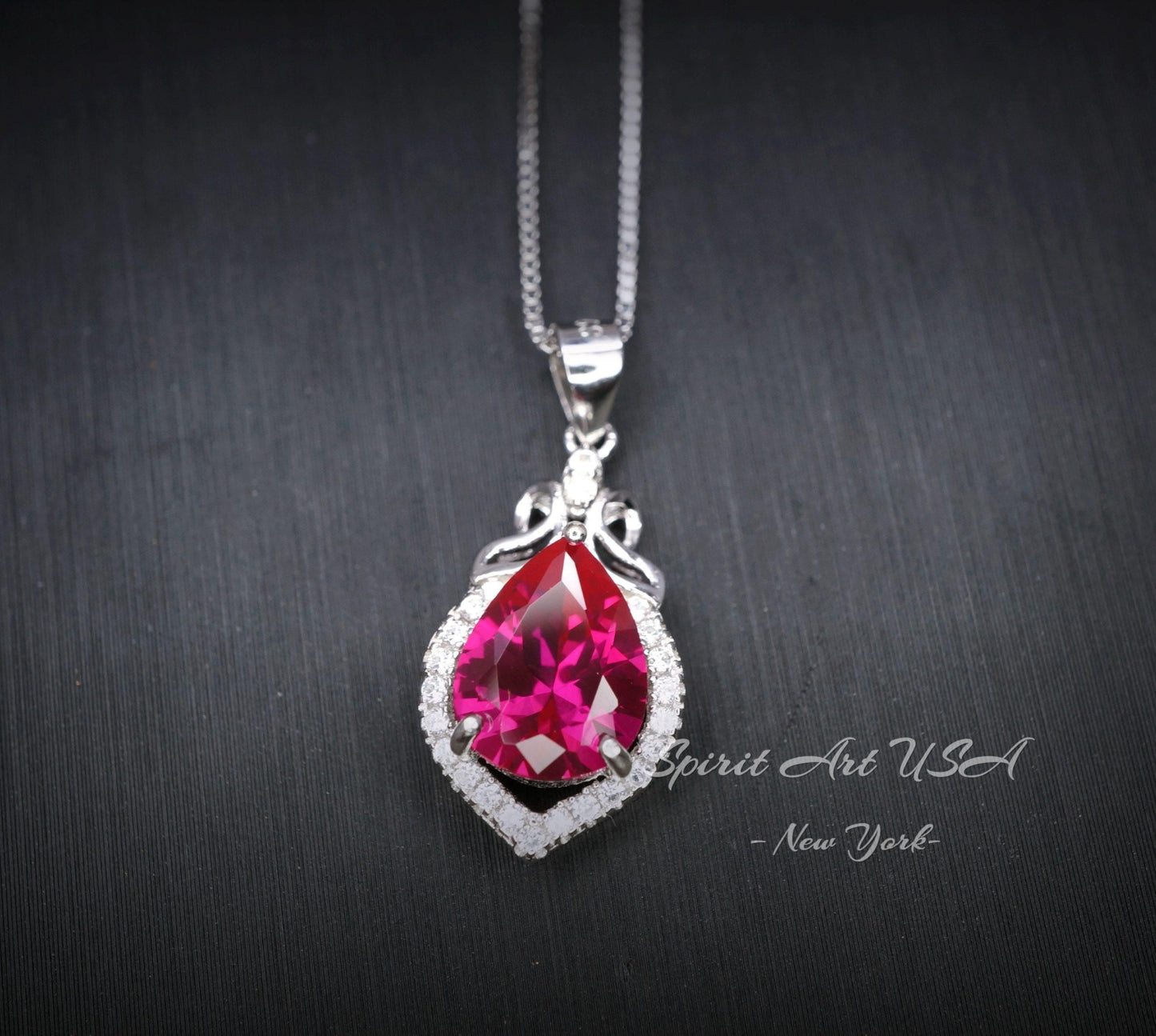 Pear Ruby Sterling Silver Necklace, Gemstone Petal Teardrop Ruby Pendant Tiny White Gold Plated July Birthstone Red Gemstone Jewelry #132
