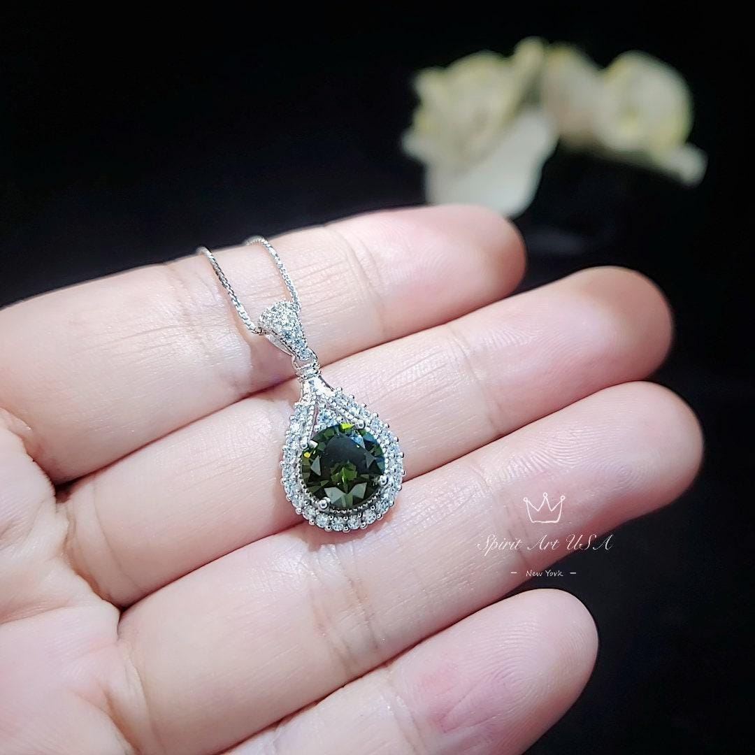 Round Peridot Necklace Sterling Silver 2 CT Sim Gemstone Green Pendant August Birthstone Teardrop Style Solitaire Lab Created #156