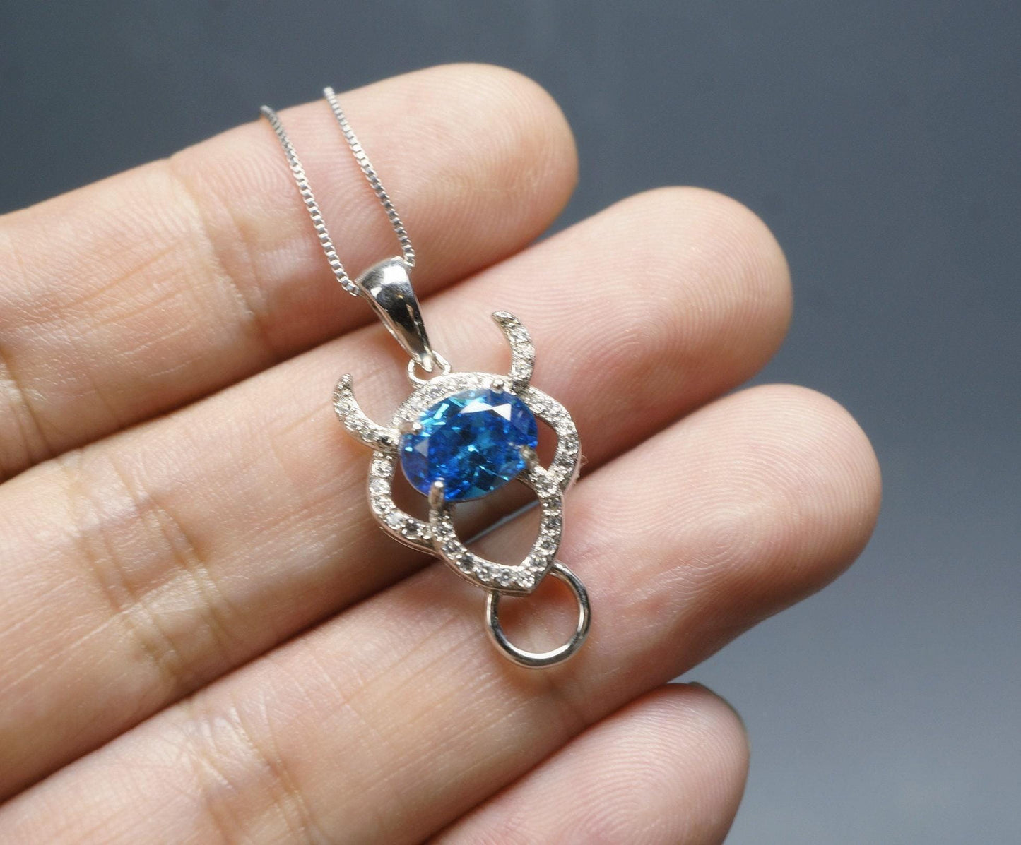 Blue Topaz Necklace - Sterling Silver Bull Ox Pendant - Blue Topaz Jewelry - 18kgp Buffalo Necklace #136