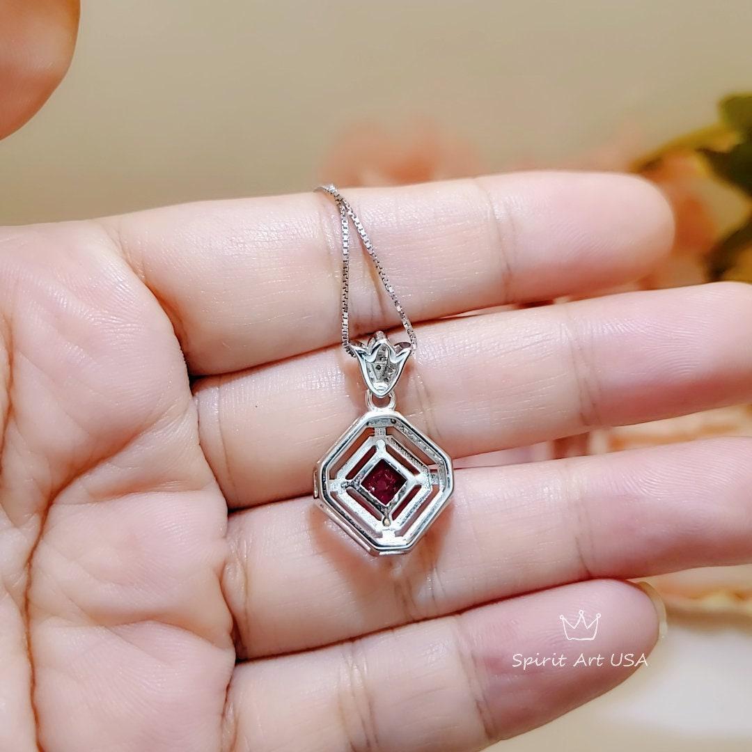 Gemstone Square Ruby Necklace White Gold coated Sterling Silver Tiny Lab Created Energic 1.5 CT Red Ruby Pendant Royal Square Jewelry #169