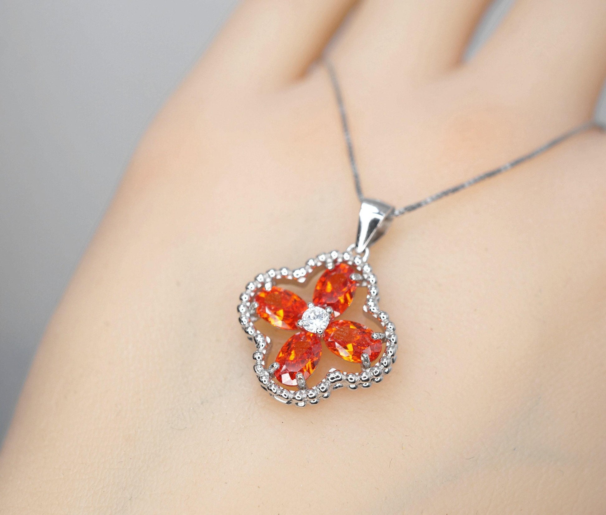 Red Orange Sunstone Necklace - Four leaf clover Tangerine Orange Sapphire Pendant - Sterling Silver Spessartite Garnet Jewelry 046